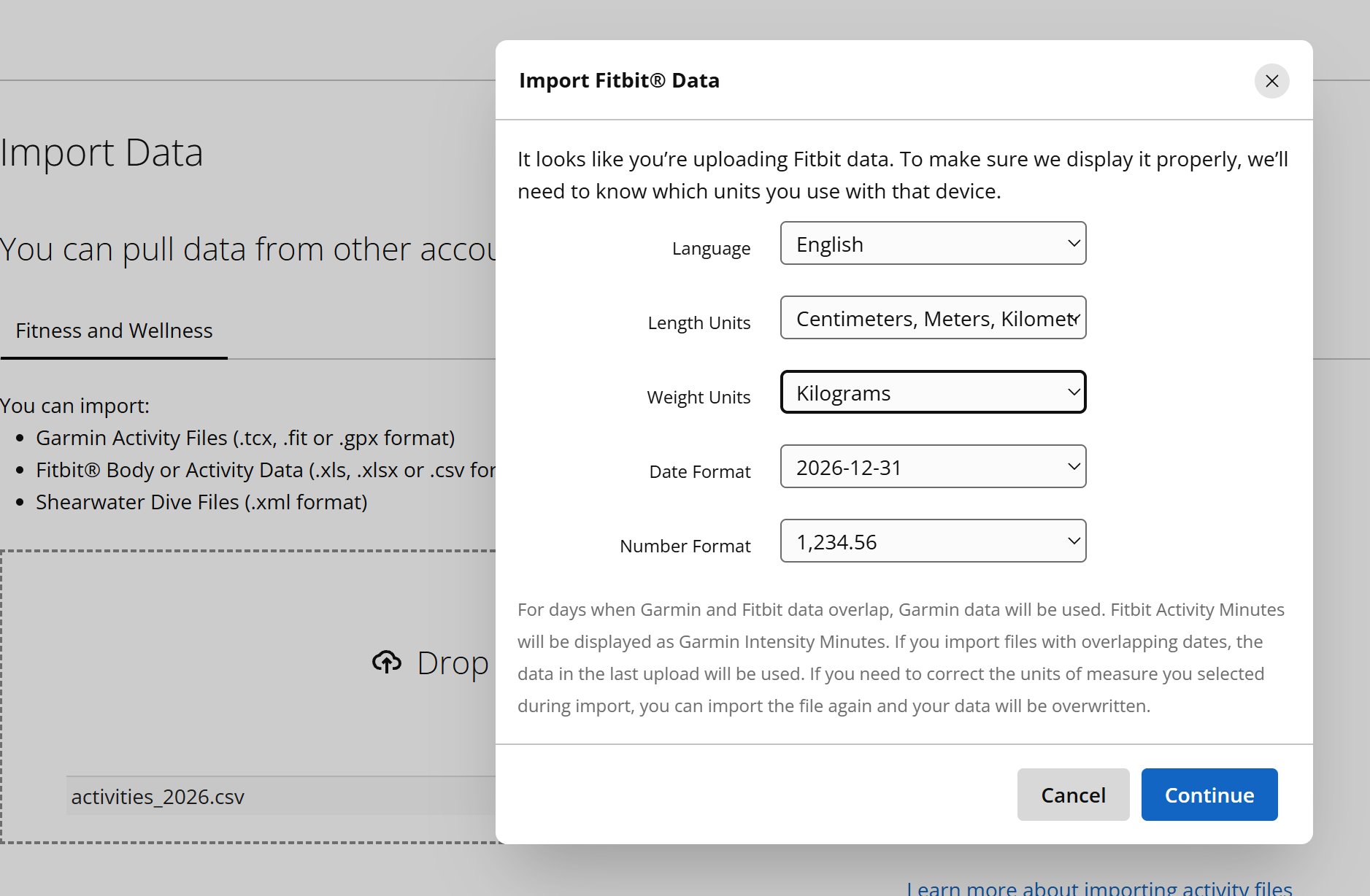 Garmin Connect Import Fitbit Data modal showing units and date format options
