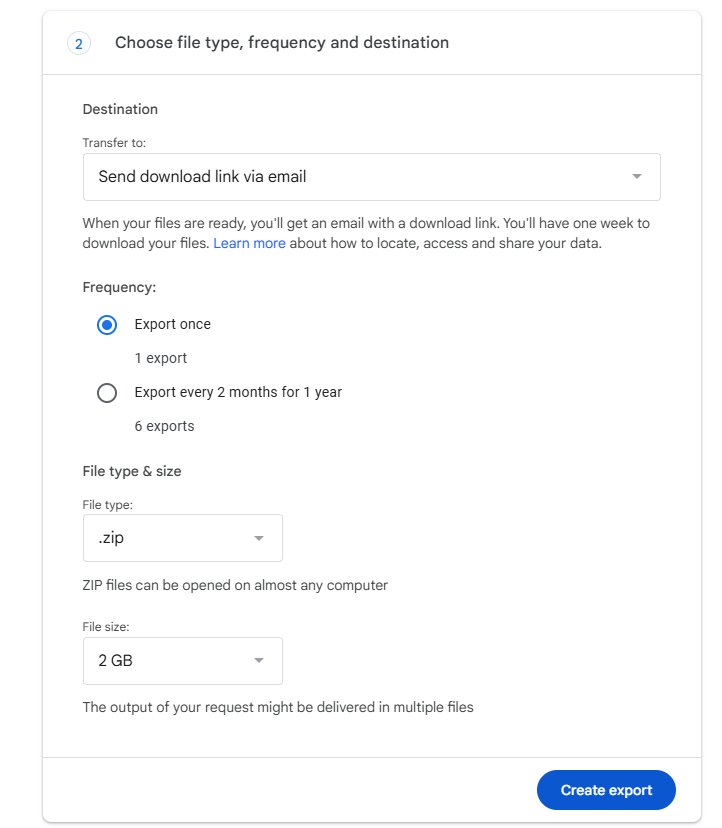 Google Takeout file type and delivery settings