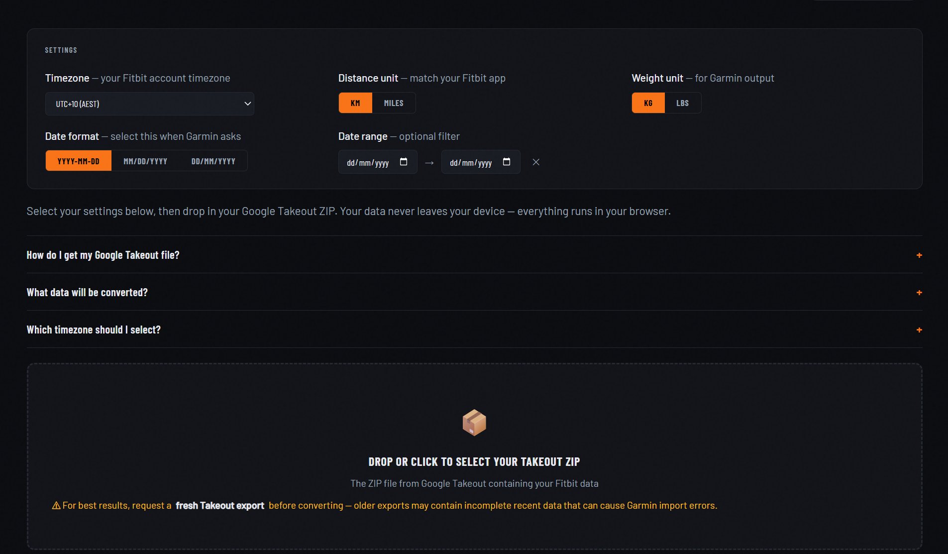 Wearable Converter tool screen showing settings and drop zone